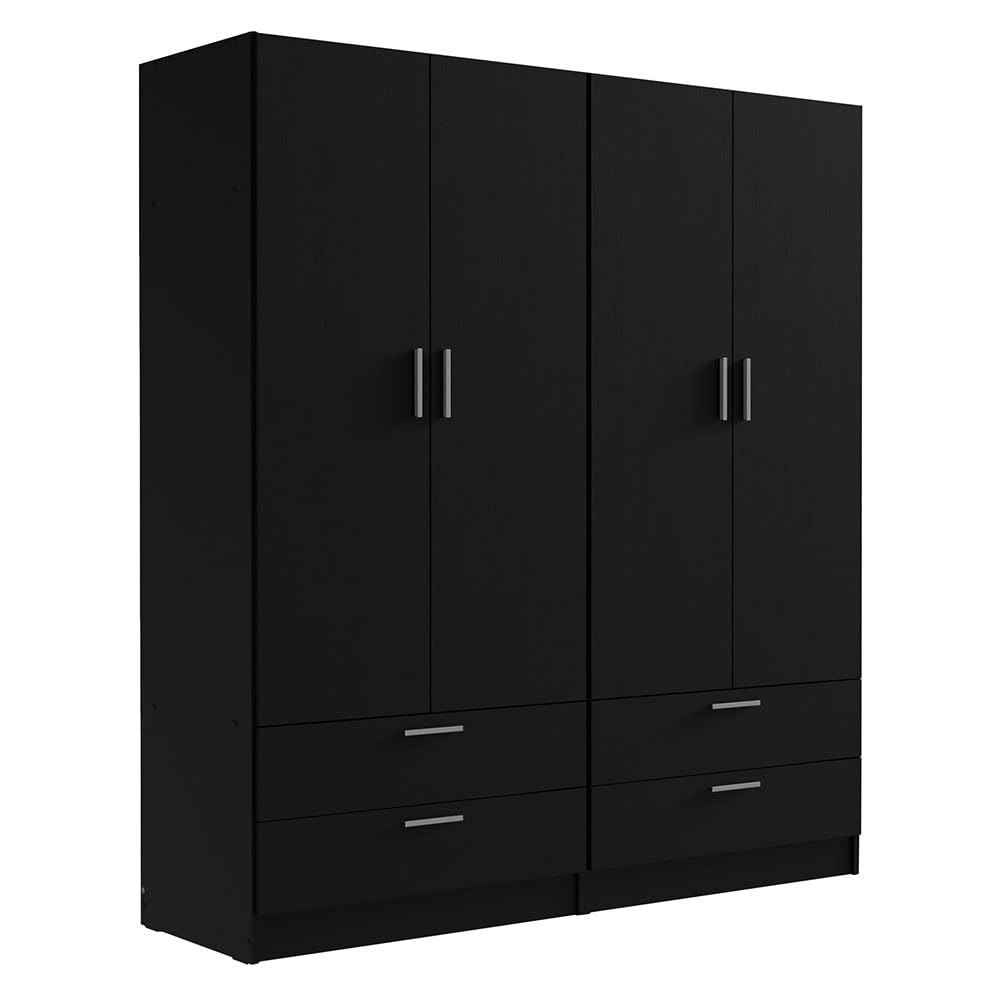 Madesa 4 Doors 4 Drawers Storage Cabinet Wardrobe with Shelves and Hanging Space 63" L Wooden Armoire Closet Organization Unit for Bedroom and Office (Black) Madesa