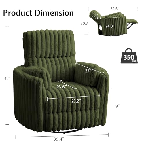 Jocisland Power Recliner Nursery Chair for Adults, Electric Swivel Rocking Glider with USB & Type-C, Soft Fabric Armchair with 2 Pillows, Cozy Reclining Sofa for Living Room, Bedroom, Green