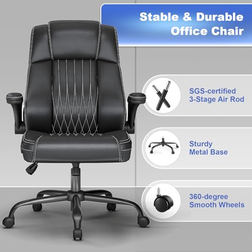 Keratee Executive Office Chair with Lumbar Support, High Back Leather Ergonomic Computer Desk Chairs with Flip-up Arms, 360° Swivel and Height Adjustable, Rocking Function, for Home, Office, Black Keratee