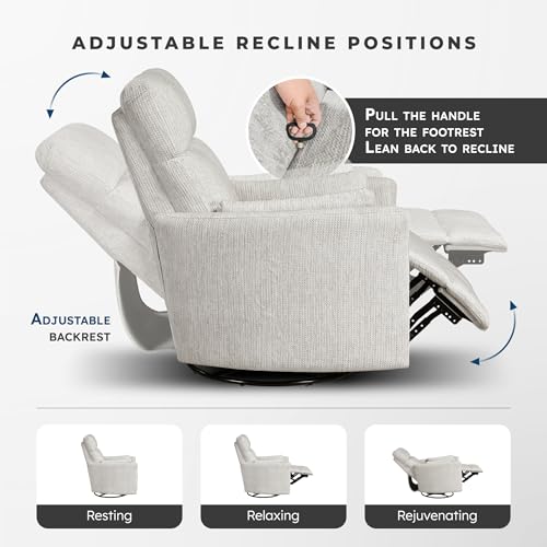 Lexicon Upholstered Swivel Recliner Chair - 360 Swivel Accent Chair Nursery Glider, Manual Recliner with Pull Handle, Microfiber, 2 Pillows, Easy Pull-Handle for Living Room/Bedroom/Apartment, Beige