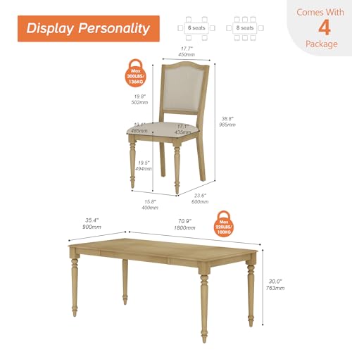 WAMPAT 7 Piece Dining Table Set, Rectangular Table for 6-8, 6 Dining Chairs with Upholstered Back & Rubber Wood Legs, Kitchen Table with Chairs for Dining Room, Oak WAMPAT