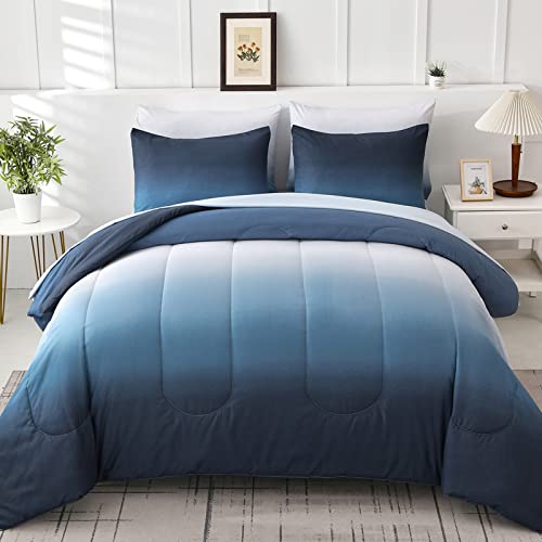 Anibedding Blue Comforter Set Queen - 7 Pieces Ombre Blue White Microfiber Bedding Set - All Season Down Alternative Light Ocean Sea Abstract Bed in a Bag for All Season (90" x90") Anibedding