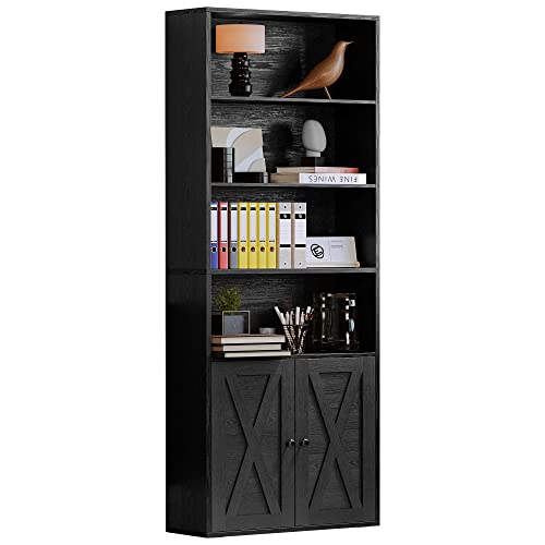 Industrial Vintage Black 6-Tier Bookcase with Doors - 70" Tall Shelves for Home Office & Living Room by IRONCK IRONCK