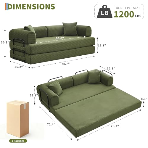 IDEALHOUSE 4 in 1 Convertible Sleeper Sofa Bed Couch, 79 Inch Boneless Corduroy Floor Couch with Pillows, No Assembly, Modern Deep Seat Sofa Futon Mattress for Living Room,Apartment,Green IDEALHOUSE