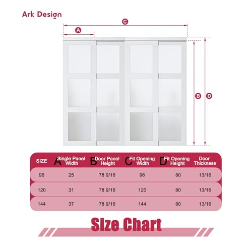 80" Assembled White Prefinished 3-Lite Tempered Frosted Glass Sliding Door Room Divider with Hardware & Handles, 96" x 80" ARK DESIGN