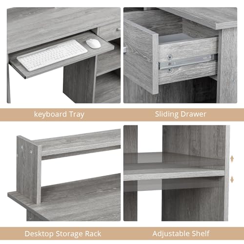 Karl home Computer Desk Study Writing Desk, Wooden Home Office Workstation PC Laptop Table with Drawer Shelf Keyboard Tray, Grey Karl home