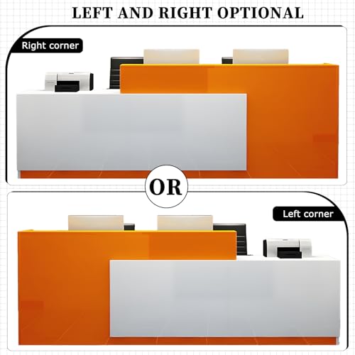 L-Shaped Reception Desk with Counter, Lockable Drawers & Storage, Modern Front Desk Reception Counter 47–118 Inch, Office Salon Checkout Receptionist Desk White + Orange Left 55.1 x 23.6 x 39.4 in Tazyee