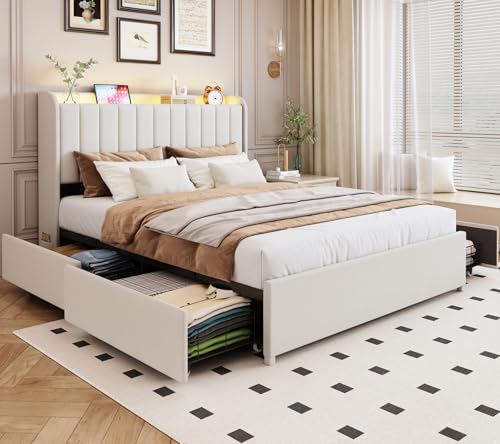 Full Bed Frame with 4 Drawers and Storage Headboard, Upholstered Platform Bed Frame Full Size with Led Lights and Handy Charging Station, No Box Spring Needed, Easy Assembly, Noise Free, Beige TIGUBFRE