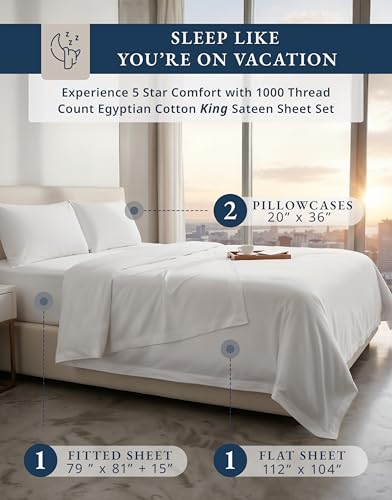 100% Egyptian Cotton Sheets King Size - 1000 Thread Count Silky Sateen King Size Sheets Set, Naturally Cooling & Breathable, Ultra-Soft Hotel Luxury Sheets with 15" Snug Fit Deep Pockets - White LANE LINEN