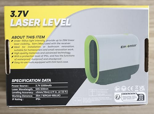ENVENTOR Green Laser Level, 164FT USB Rechargeable Li-ion Battery 360° Self Leveling Laser Level for Wall Picture Hanging, Waterproof Cross Line Laser Tool Outdoor with Pulse Mode, Magnetic Base Enventor