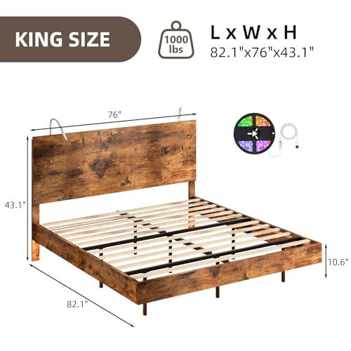 BarnFurin Floating Bed Frame King Size with Led Lights, Wooden Bed Frame with Reading Light Headboard, Heavy Duty Metal Slats, No Box Spring Needed, Easy Assembly, Rustic Brown BarnFurin