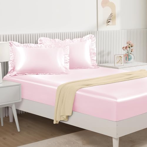 Homiest 2-Pieces Ruffle Pillow Case & Satin Fitted Sheet Set, Blush Pink Twin Satin Sheets with Ruffled Pillow Shams, 15 Inch Deep Pocket, Cute & Coquette Silk-Like Bed Set for Decorating Bedroom Homiest