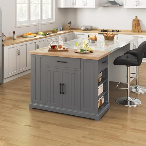 Yaheetech Rolling Kitchen Island with Thicker Rubberwood Countertop, Kitchen Cart on Hidden Wheels with 3 Drawers & Open Shelves, Storage Cabinet w/Inner Adjustable Shelves for Dining Room, Dark Gray Yaheetech
