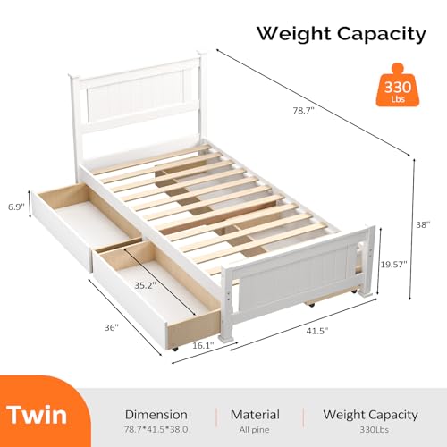 Bonnlo Twin Size Solid Wood Platform Bed Frame with 4 Storage Drawers, Single Bed with Headboard, No Box Spring Needed Panel Bed, Wood Slat Support Mattress Foundation, White Bonnlo