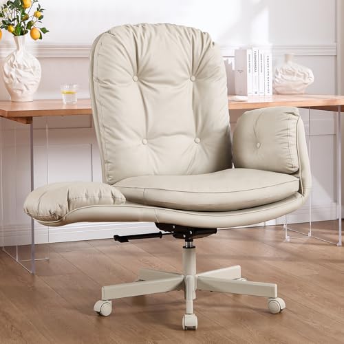 amseatec Criss Cross Chair with Armrests & Wheels for Cross-Legged Sitting, Comfortable Adjustable Swivel Office Desk Chair –PU Leather Vanity Chair for Home, Makeup and Bedroom (Cream) amseatec