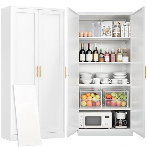 CJF White Kitchen Pantry Cabinet,71 Inch Tall Metal Storage Cabinet with 4 Adjustable Shelves and Doors, Freestanding Pantry Cabinet for Kitchen, Living Room, Dining Room, Bathroom, Easy to Assemble CJF