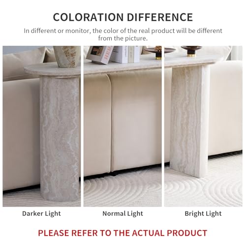 BFJDM 55" Faux Travertine Stone Console Table for Entryway, Sofa Entrance Table with Faux Mars Marble Pattern, Modern Sofa Tables with Rounded Curved Edges for Living Room, Hallway, Foyer, Beige BFJDM
