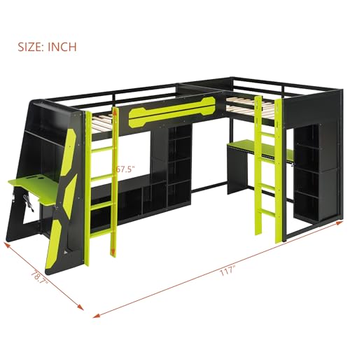 Twin Size Gaming Loft Bed with Lights & USB Ports & Dual Desk for 2 Teens Adults,Wood L-Shaped Loft Bed Frame with Double twin Beds, TV Stand,Storage Shelves and Ladders for Gamers Teens Adults,Green FUvellamo