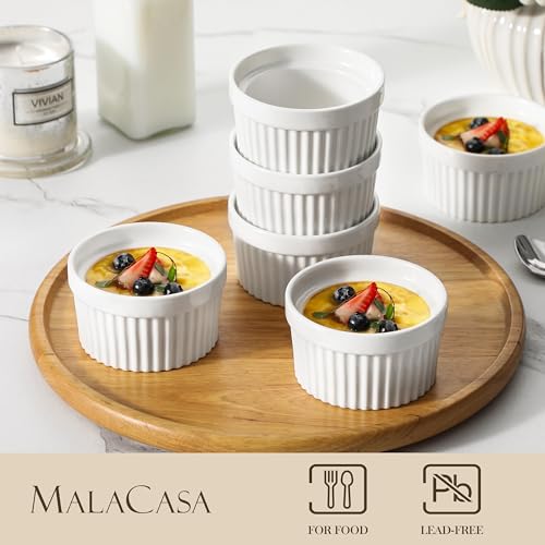 MALACASA Ramekins 6 oz Oven Safe, Porcelain Creme Brulee Ramekins Pudding Custard Cups Small Ceramic Souffle Dishes Ramakan Ramiken Ramicans Baking Bowls Set of 6, White, Series RAMEKIN-DISH MALACASA