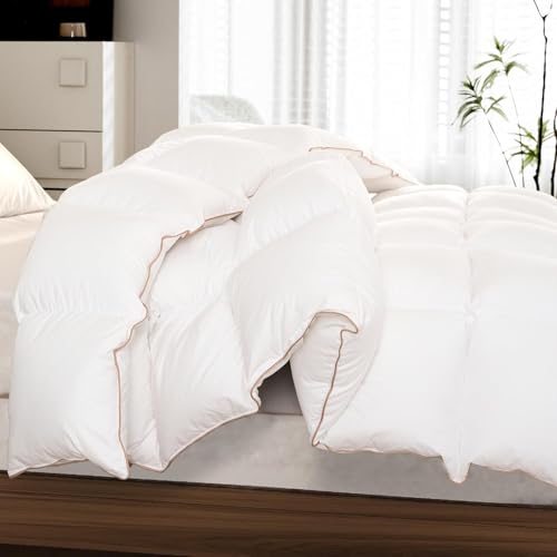 Down Comforter Queen Size – All Season Medium Weight Fluffy White Duvet Insert, Warm Feather Bedding, Soft 100% Cotton Cover, 90x90 Inch Vexino