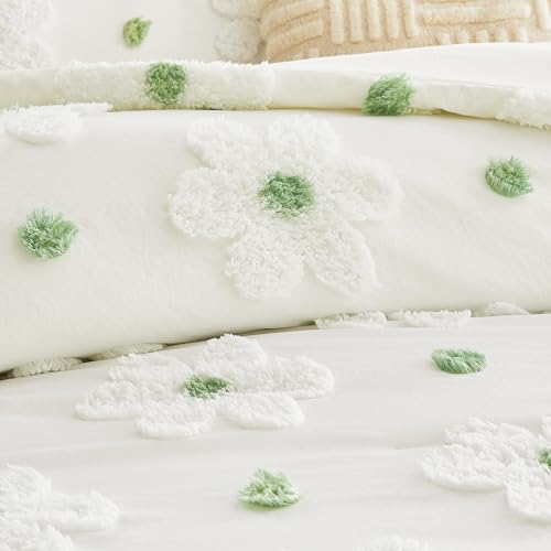 VIVILINEN Full Size Comforter Sets for Girls Floral Bedding Cute Comforter with Tufted Daisies Flowers, Lightweight Full Bed Set 3 Pieces for Kids Teen Girls Women, Green VIVILINEN