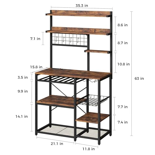 IRONCK Bakers Rack with Power Outlet, 7-Tier Coffee Bar Microwave Stand, Solve Kitchen Clutter with Wine Rack, Wire Basket and Hooks, Rustic Brown