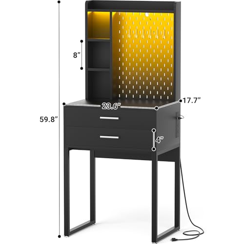 Besiost Small Vanity Desk with Hutch and Drawers, Black Makeup Vanity Desk with Charging Station, Vanity Table Dressing Table with LED Lights, Vanity Desk No Mirror with Pegboard for Girls Women, 24" Besiost
