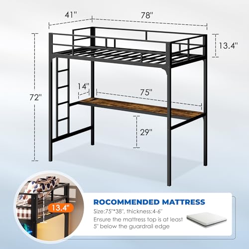 INTERGREAT Loft Bed Twin Size with Desk, Metal Loft Bed Frame with LED Lights and Charging Station, Safety Guardrail and Ladder, No Box Spring Needed, Space-Saving, Noise Free, Black INTERGREAT