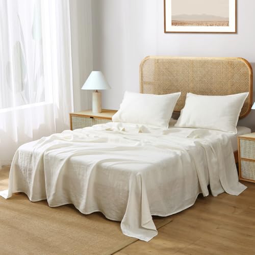 S VICTORY SYMBOL 100% Organic Linen Flat Sheet 1 Piece-Stone Washed French Flax Twin Size Bedding,Soft Flat Top Sheet Breathable(66"x96",Creamy White) S VICTORY SYMBOL