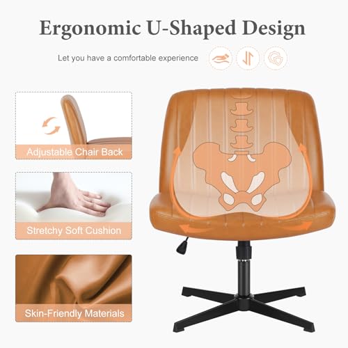 Sweetcrispy Criss Cross Chair Legged, Armless Office Wide Desk Chair No Wheels, PU Leather Swivel Vanity Height Adjustable Fabric Modern Computer Task Seating for Home - Brown Sweetcrispy