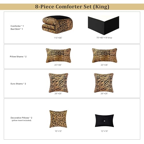 Loom and Mill 8-Piece Safari Comforter Set King Size, Leopard, Tiger, Giraffe, Zebra Animal Print Bedding Set, Patchwork Comforter with Bed Skirt, Euro Shams and Decorative Pillow(Black Gold, King) Loom and Mill