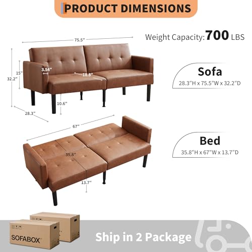 75.5” Convertible Futon Sofa Bed, PU Leather Small Couch Sofa with Wood Legs & 700lbs Capacity, Adjustable Folding Loveseat, Mid Century Modern Futon Couch, Cozy Couches for Living Room - Brown Amenitlif
