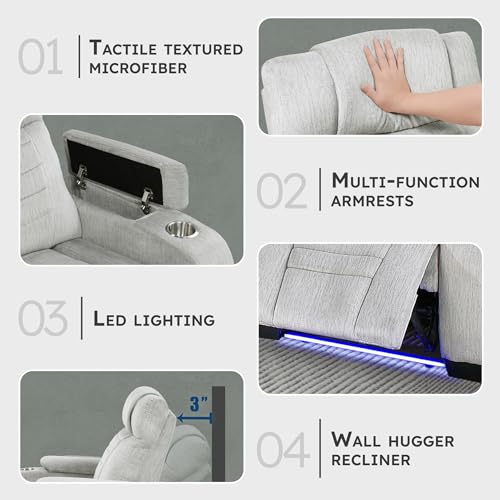 Lexicon Wall Hugger Manual Reclining Chair, Microfiber Manual Recliner with Cup Holders/Hidden Arm Storage/LED Base Lighting, Home Theater Seating for Living Room, Light Gray