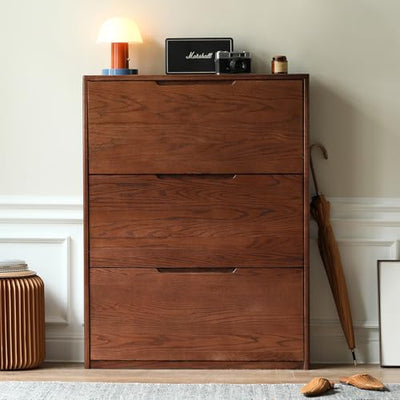 Wayshome Oak Shoe Cabinet with 3 Flip Drawers, Solid Wood Shoe Storage Cabinet, Narrow Shoe Organizer for Entryway, 7.9" x 33.5" x 45.7", Oak Wood, Walnut