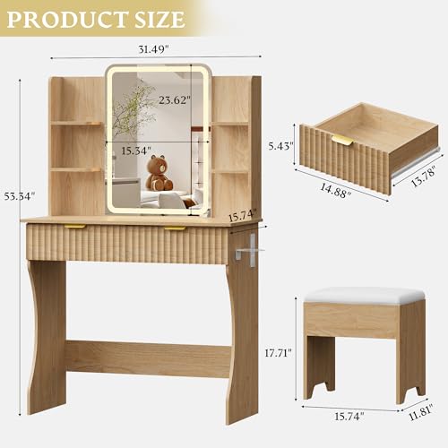 Vanity Desk with LED Lights Mirror & Power Outlet, Small Makeup Vanity Table Set with Storage Drawers & Chair, 3 Lighting Modes & Adjustable Brightness, Dressing Table for Women Girls Bedroom, Oak Xixini