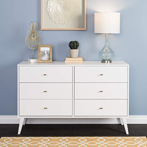 Prepac Milo Mid-Century 6 Drawer Double Dresser For Bedroom, 16" D x 52.50" W x 33" H, White Prepac