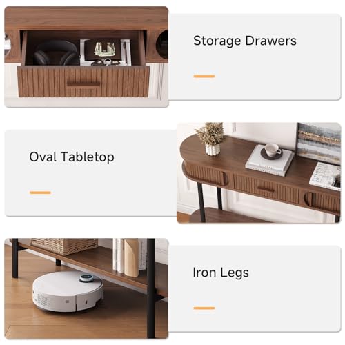 ONBRILL 47 Inch Fluted Console Table with Drawers, Entryway Table with Storage, Oval Sofa Tables Behind Couch, Mid-Century Modern Hallway Tables for Entryway, Hallway, Small Spaces, Walnut ONBRILL