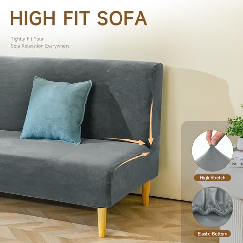 Armless Futon Cover Velvet Futon Slipcover Soft Stretch Couch Covers with No Arm Sofa Bed Cover with Non-Slip Thick Plush Furniture Protector Washable Couch Slipcovers for Living Room(Dark Grey) XIAROGEE