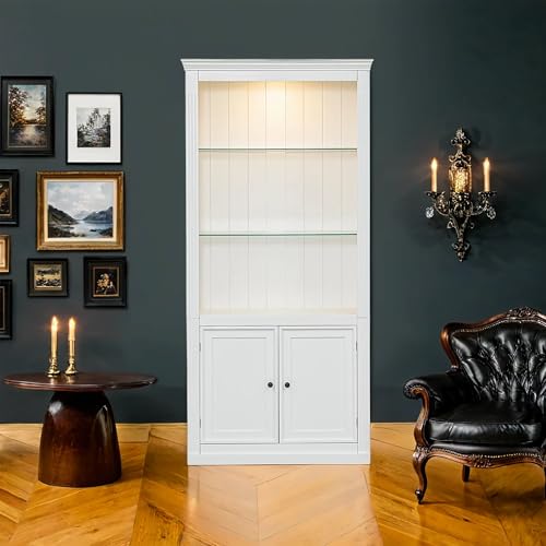 Virubi 78.75" Farmhouse Tall Bookcase Display Cabinet with Storage and LED Light, 5 Colors Adjustable, Wood Mid Century Modern Bookshelves with Shelves for Living Room, Office, Freestanding, White Virubi