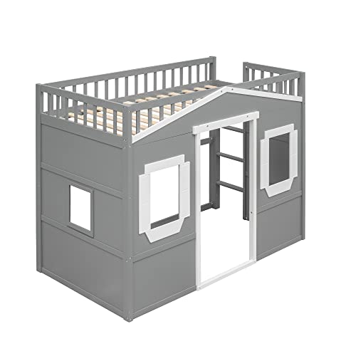 Merax Twin Size Loft Bed with Wardrobe, Space-Saving House Bed Frame with Safety Guard & Ladder for Small Bedroom, Gray+White Merax