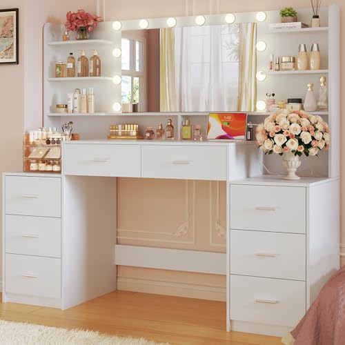 HUAHUU Large Vanity Desk with Mirror & Lights, White Makeup Vanity with 8 Drawers & 6 Storage Shelves, Vanity Set with LED Lights and Power Outlet, 3 Lighting Modes, Adjustable Brightness HUAHUU