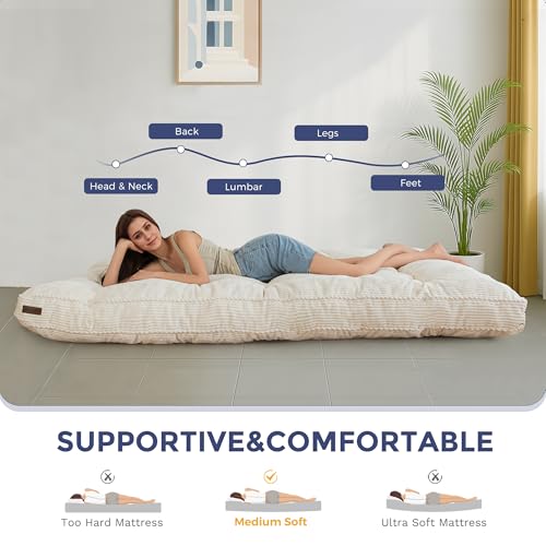 MAXYOYO 6" Futon Mattress Full Size, Tufted Futons Sofa Couch Bed with Twisted Rope Design Edging, Thick Corded Fabric Floor Mattress for Adults, Shredded Foam Filling (Frame Not Included), Beige MAXYOYO