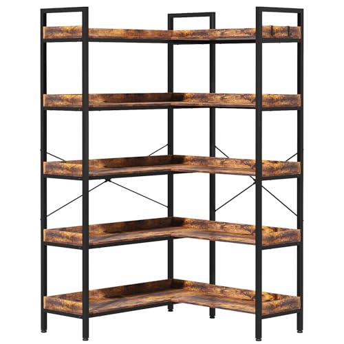 KOUSEI 5-Tier Bookshelf Reversible,Corner Bookcase 4 Hooks,65" Industrial Wooden Bookcase with Open Wide Shelves and Metal Frame for Living Room, Bedroom, Home Office,Rustic Brown KOUSEI