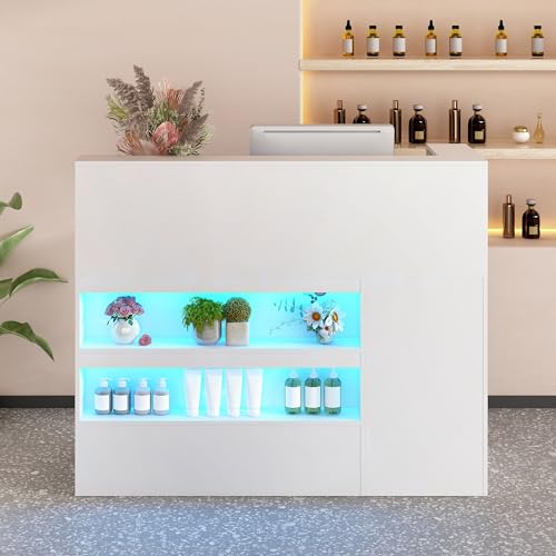 63" Reception Desk with LED Lights Power Outlets,L-Shaped Modern Front Table Reception Room Table with Cable Grommet,Lockable Drawers,Retail Checkout Counter for Lobby,Salon,Home Office Desk,White