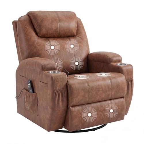 JUMMICO Small Swivel Rocker Recliner, 360 Rocking Chair Recliner with Massage, Upholstered Leathaire Rocker Recliner with Cup Holder for Living Room, Bedroom, Nursery (Dark Brown)