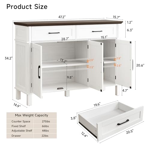 48 Inches Buffet Cabinet with Storage, Farmhouse Sideboard Buffet w/2 Drawers and 3 Doors, Wood Coffee Bar Cabinet with Adjustable Shelves, Sideboard Storage for Kitchen, Living Room, Off White ONBRILL