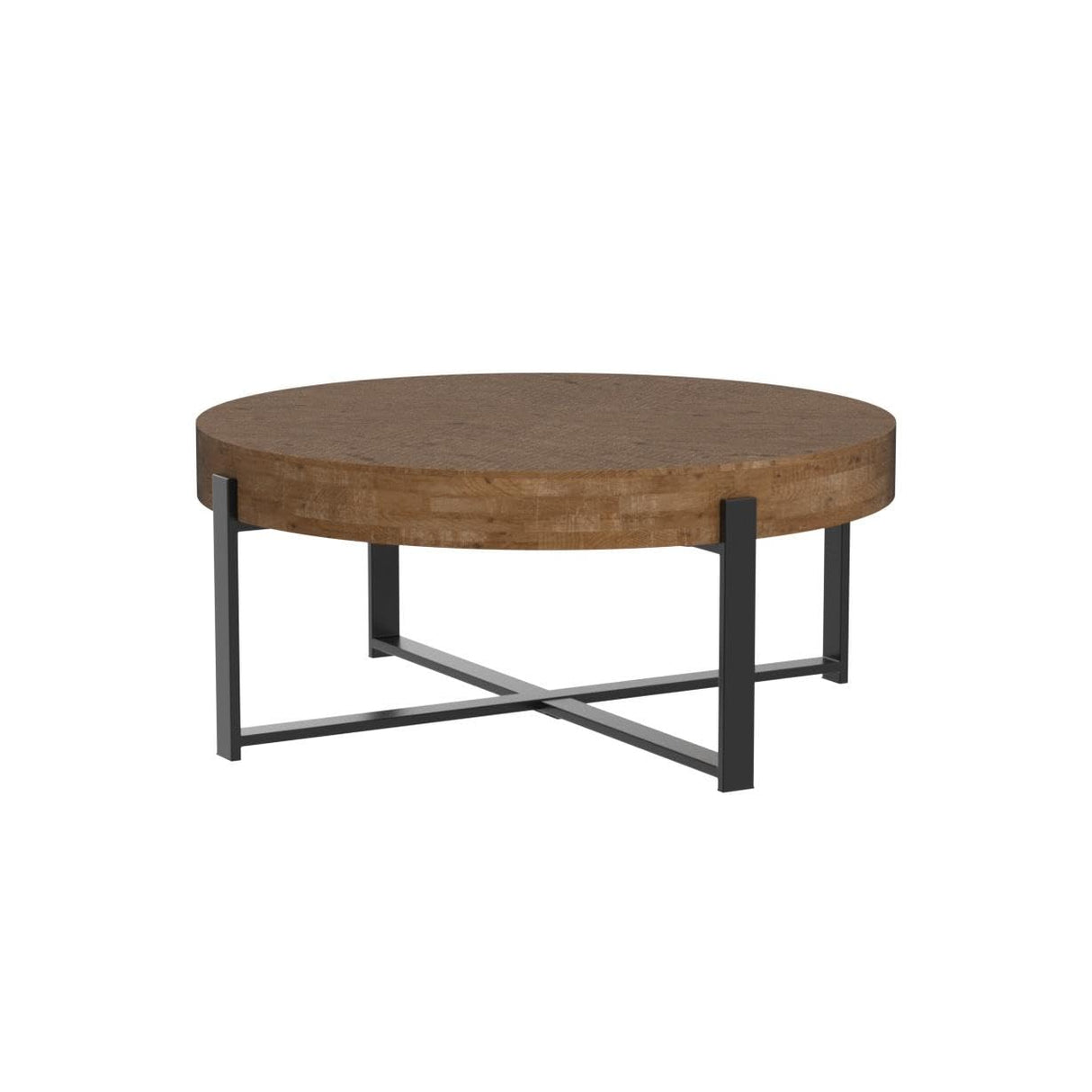 31.29" Modern Retro Splicing Round Coffee Table,Fir Wood Table Top with Black Cross Legs Base Wetiny