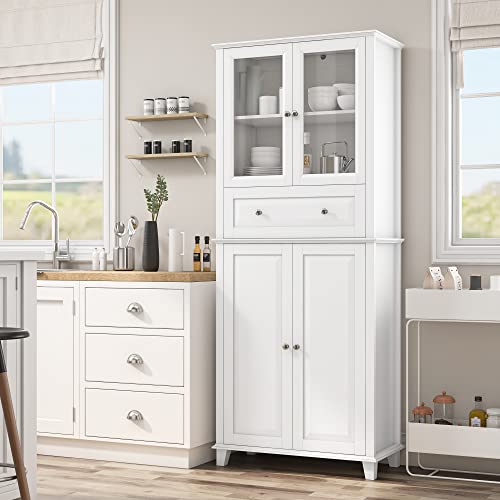 FACBOTALL 76'' Kitchen Pantry Storage Cabinet, Pantry Cabinet, Freestanding Kitchen Cupboard with Large Drawer, Doors, and Adjustable Shelves for Dining Room, Living Room, Laundry, White FACBOTALL