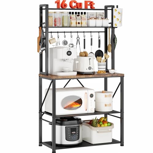 YASONIC Coffee Bar, Bakers Rack with Storage, 25.6 Inches Microwave Stand, 5 Tier Kitchen Shelves Appliance Storage, 12 S Hooks Large Coffee Station for Spices, Pots and Pans, Rustic Brown
