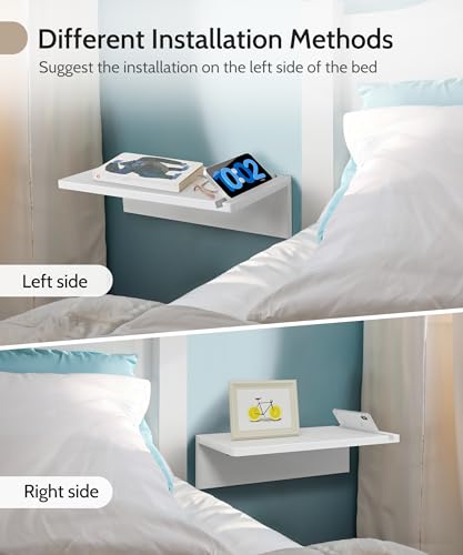 Mazjoaru White Floating Nightstand 16inch, Modern Natural Pine Wood Night Stand Floating Wall Shelves with Phone Slot, Cord Holes, Small Narrow Nightstands Bedside Tables for Bedroom Dorm Bedside Mazjoaru